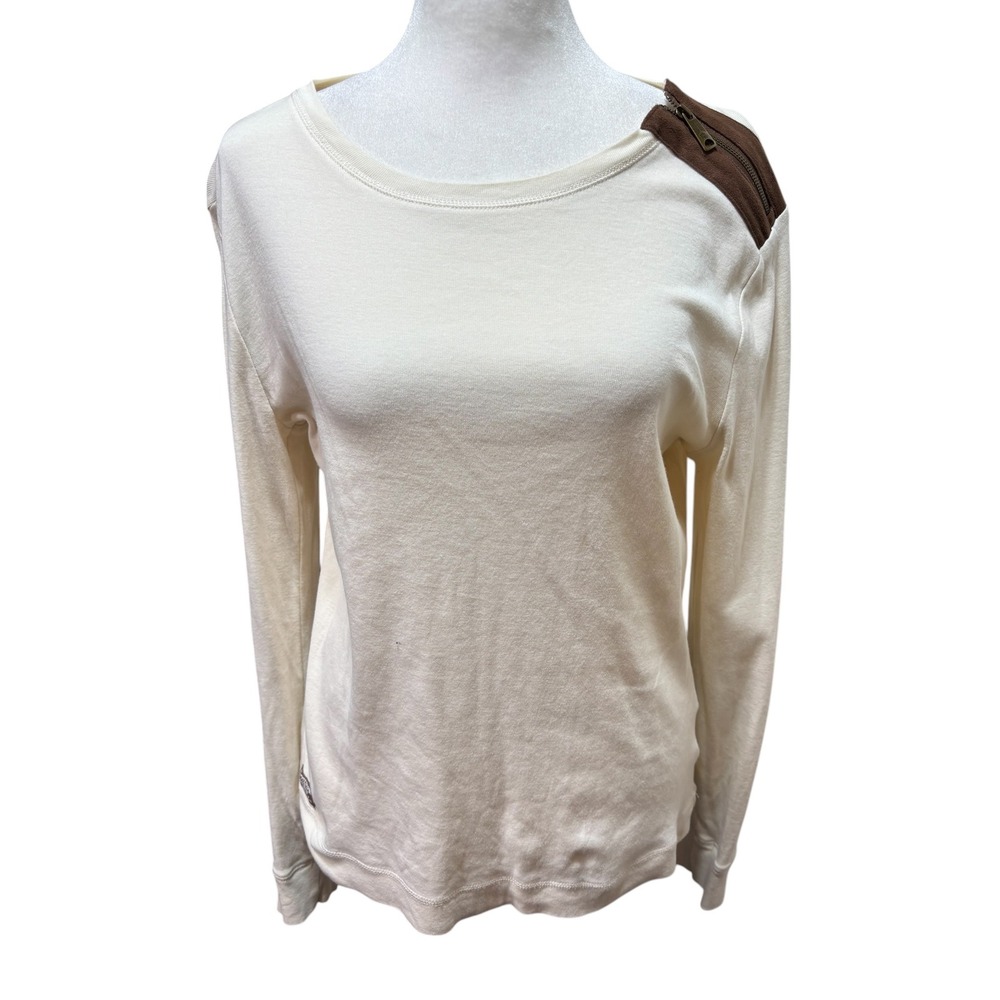 Lauren Ralph Lauren Cream Long Sleeve Top Suede Elbow Patch Shoulder Zip LG #998